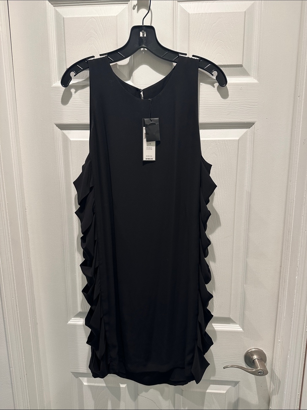 BCBG Black Sleeveless Shift Dress with Side Ruffle Detail Size 12 NWT